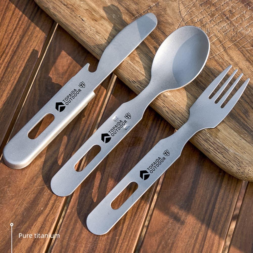 Edc Everyday Carry Knives - ชุดช้อนส้อมมีดไทเทเนียม 3-in-1 พร้อมที่เปิดขวด น้ำหนักเบาพิเศษ พกพาสะดวก ชุดเครื่องใช้บนโต๊ะอาหารกลางแจ้ง